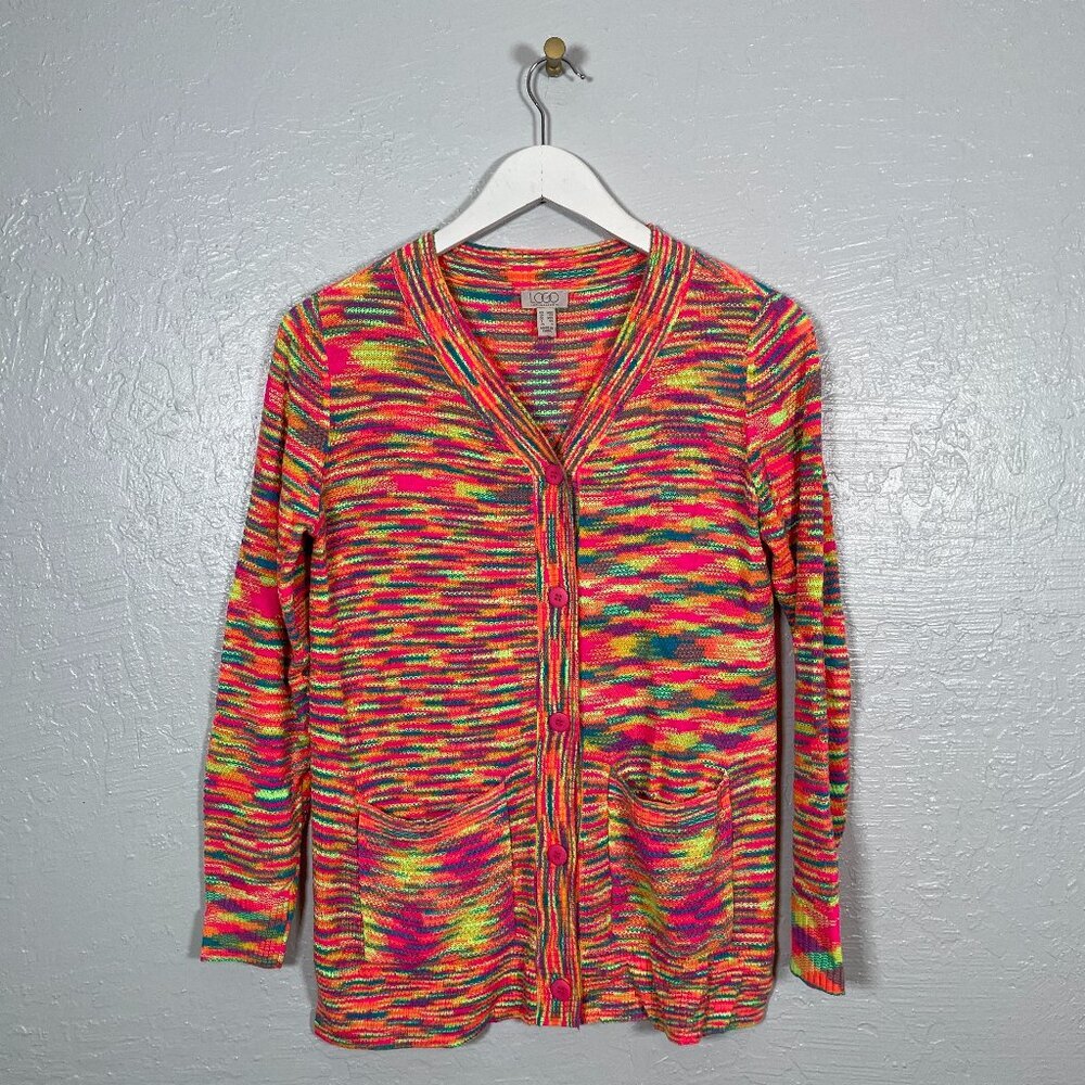 LOGO by Lori Goldstein Women XXS Bright Neon Space Dye Button Front Cardigan